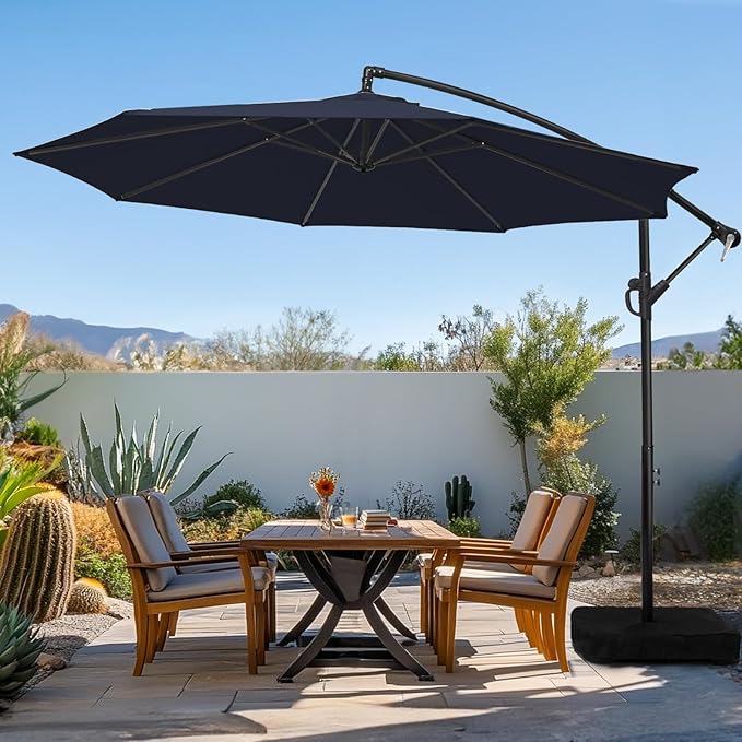 wikiwiki 10ft Patio Umbrella with Base Included, Outdoor Offset Cantilever Umbrella with Sandbag Base for Backyard, Garden and Pool, Easy to Tilt and Crank, Navy Blue by WikiwikiPatioUmbrellas