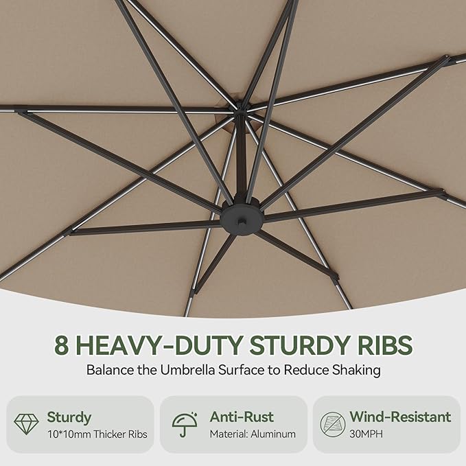 Aoxun 11 FT Cantilever Umbrella with Base Included, Patio Large Aluminum Offset Umbrella Windproof with 360°Rotation, Heavy Duty Frame for Outdoor, Pool, Deck and Garden - Image 7