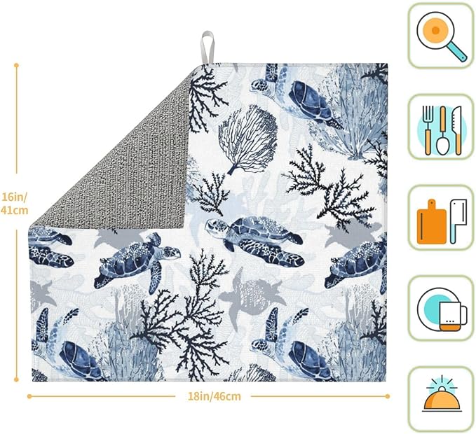 Nautical Blue White Sea Turtle & Coral Dish Drying Mats - Image 6