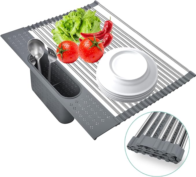 Roll-up Dish Drying Rack with Utensil Holder, Collapsible Stainless Steel by Lcckyeng