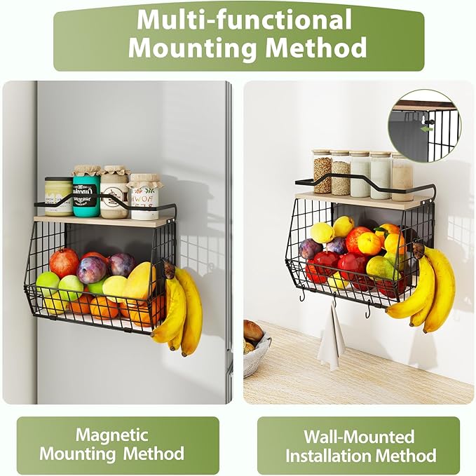 Magnetic Shelf for Fridge with Wood Lid, 2 Tier Fruit Baskets Wall Mounted - Image 6