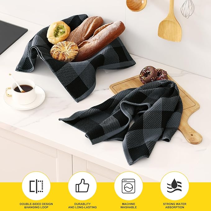Homaxy 100% Cotton Waffle Weave Check Plaid Kitchen Towels, 20 x 28 Inches - Image 2