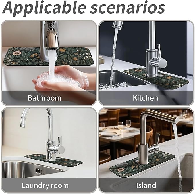 Kitchen Sink Splash Guard，Dark-green black flowers Faucet Mat Sink - Image 7