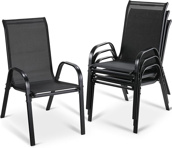 MAMIZO Patio Dining Chairs, Stackable All Weather Teslin Chair, Heavy Duty Outdoor Breathable Chairs Set, w/Armrests, Upgraded Chair FeetW/Strenthened Iron Spacers, 330 LBS (4, Black) by MAMIZO