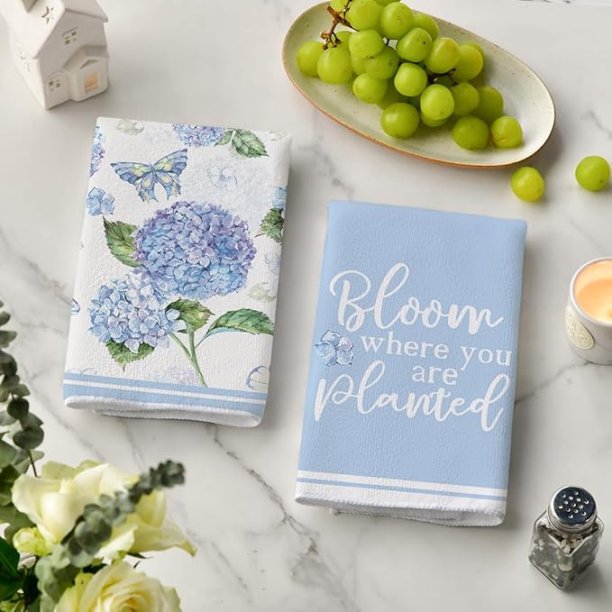 Artoid Mode Blue Hydrangea Motto Spring Kitchen Towels Dish Towels, 18x26 Inch - Image 3
