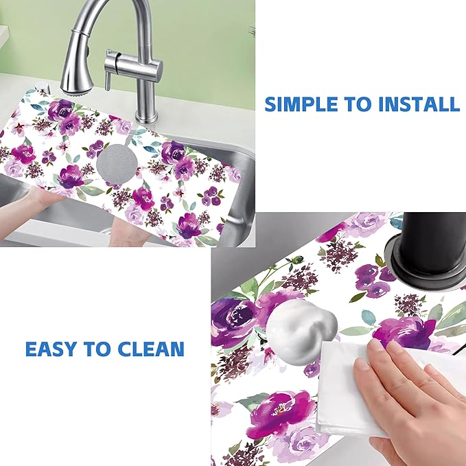 Watercolor Purple Flowers Faucet Absorbing Mat Splash Guard Draining Mat Fast - Image 5