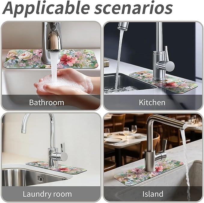 Kitchen Sink Splash Guard，soft-watercolor floral Faucet Mat Sink Gadgets-Super - Image 7