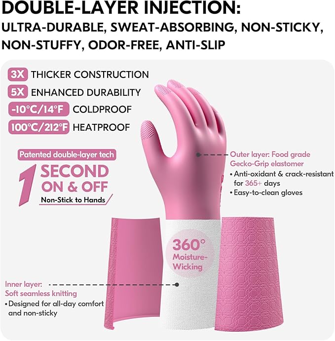 Vgo... Household Cleaning Gloves, Double-layer, Lined Dishwashing Gloves - Image 2