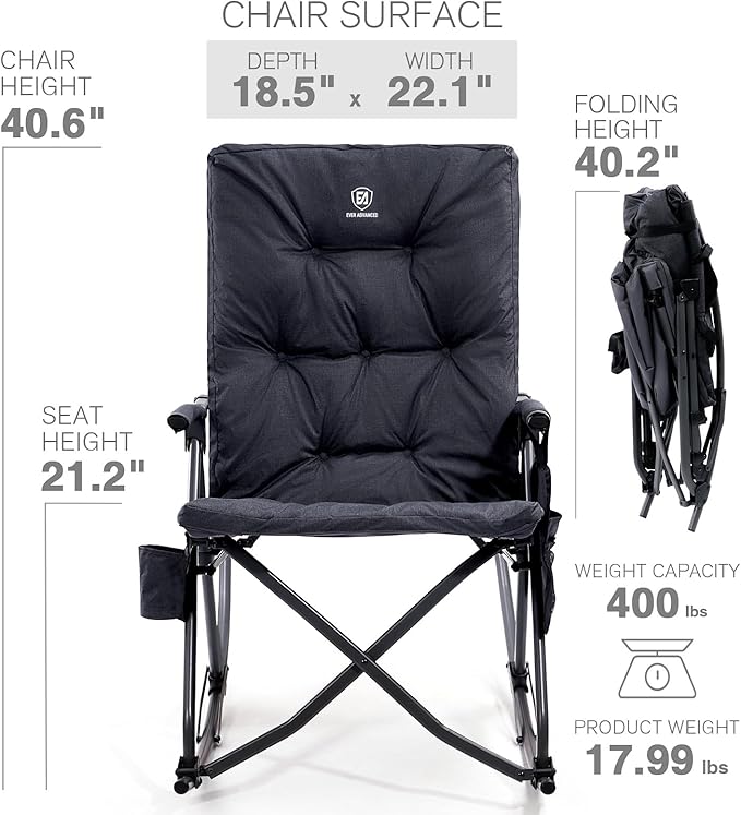 EVER ADVANCED Oversized Folding Rocking Camping Chair, Padded Portable Rocker Chairs for Patio, Lawn and Outdoors, Heavy Duty Hard Armchair for Adults Supports 400lbs, Black - Image 7