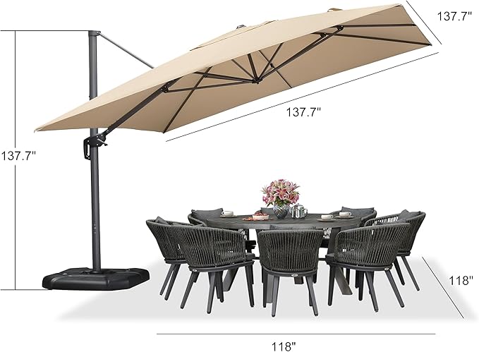 PURPLE LEAF 11.5' X 11.5' Telescopic Patio Umbrella with Base Included Lifting Cantilever Offset Square Large Umbrella for Pool Outdoor Patio Deck Garden Beige - Image 9