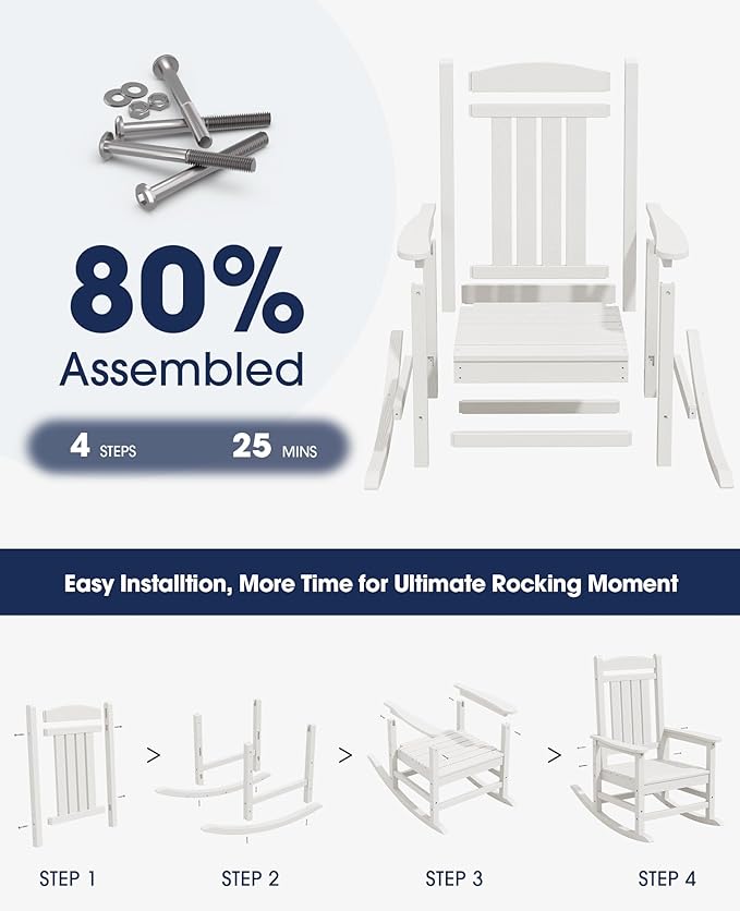 KINGYES Oversized Patio Rocking Chair Set of 2, High Density Polyethylene Outdoor Rocking Chairs with 330lbs Support for Adults, White - Image 8