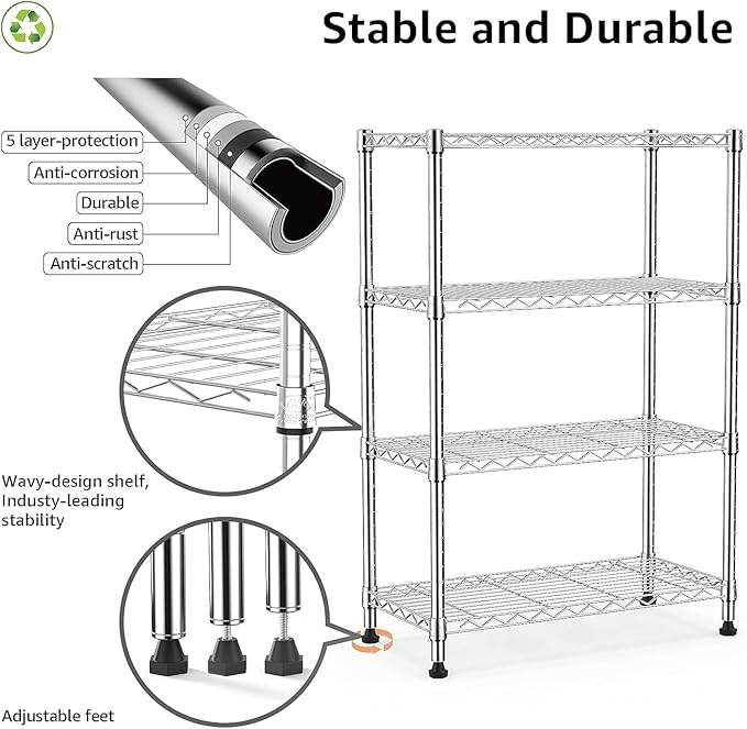 Xcity Storage Shelves, 4 Tier Heavy Duty Metal Shelving Unit, 1600 LBS Capacity Adjustable Steel Wire Shelf Organizer for Pantry, Kitchen, Garage, 14" D x 36" W x 54" H, Chrome - Image 3
