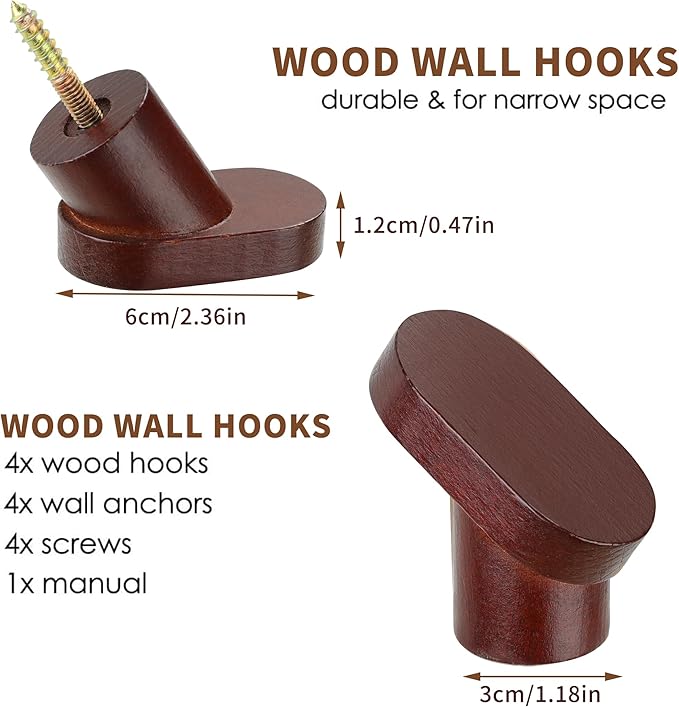 DELITON Coat Hooks Wall Mount, 4 Pack Wood Wall Hooks Rustic Heavy Duty - Image 6