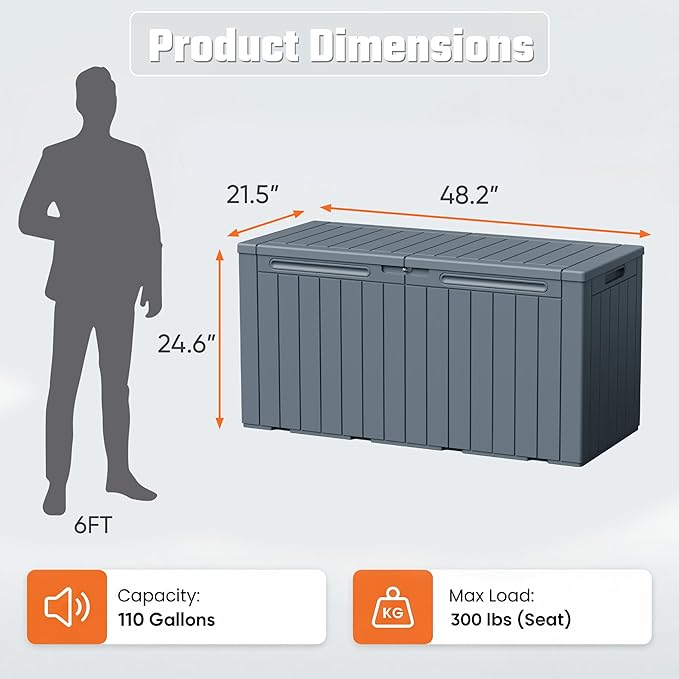 Greesum 110 Gallon Outdoor Storage Box with Lockable Lid, All-Weather Solution for Patio Furniture, Pool Supplies & Garden Tools, Waterproof, UV-Resistant Large Deck Box, Gray - Image 7