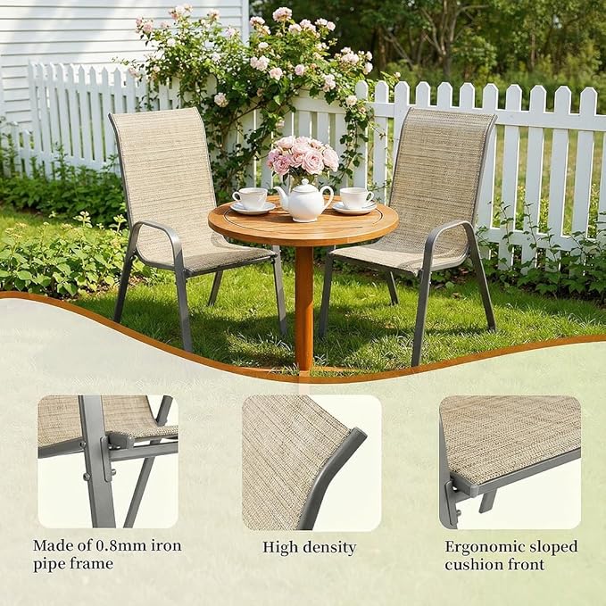 MAMIZO Patio Dining Chairs, Stackable All Weather Teslin Chair, Heavy Duty Outdoor Breathable Chairs Set, w/Armrests, Upgraded Chair FeetW/Strenthened Iron Spacers, 330 LBS (4, Brown) - Image 5