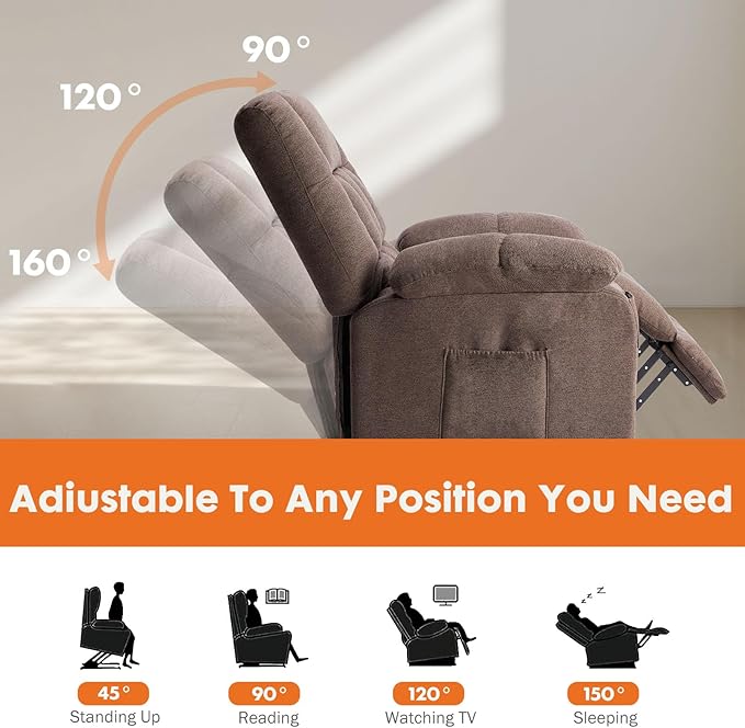 Sweetcrispy Power Lift Recliner Chair with Vibration Massage and Heat for Adults, Ergonomic Overstuffed Breathable Fabric Reclining Chair with Side Pockets, Remote Control, Living Room, Bedroom, Brown - Image 4