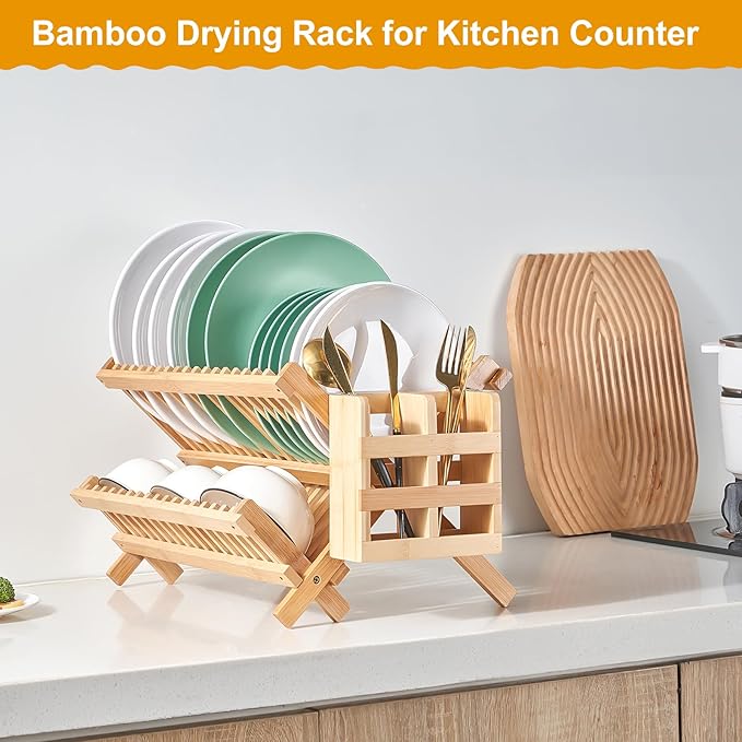 Bamboo Dish Drying Rack, 2 Tier Collapsible Dish Rack - Image 3