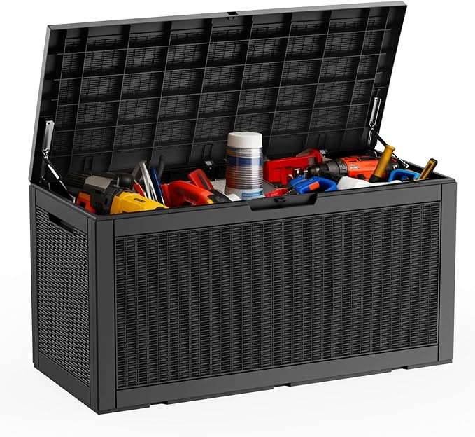 DRATO 100 Gallon Large Deck Box, Outdoor Storage Box for Patio Furniture, Patio Cushions, Gardening Tools, Pool Supplies,660lbs Weight Capacity,Waterproof Resin Storage Boxes（Black，100 Gallon） by DRATOprovidesawarmandcozy