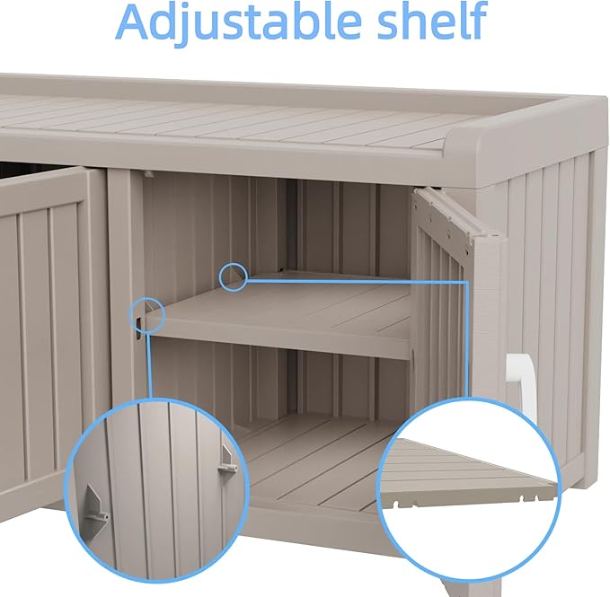 3 Doors Shoe Bench, Waterproof & UV-Resistant, Resin Shoe Cabinet Indoor & Outdoor Use, Entryway Bench with Adjustable Shelves & Hidden Storage Space for Bedroom, Hallway, Grey - Image 6