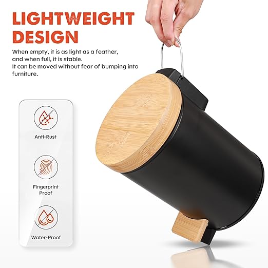 Small Bathroom Trash Can with Natural Bamboo Lid Soft Close，3 Liter / 0.8 - Image 5