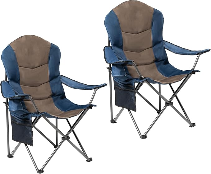 2 Pack Folding Camping Chairs for Adults - High Back Padded Outdoor Lawn Chairs with Lumbar Support & Cup Holder, 400lbs Heavy Duty Portable Camping Chairs Set (Blue & Brown, 2 PCS) by Unknown