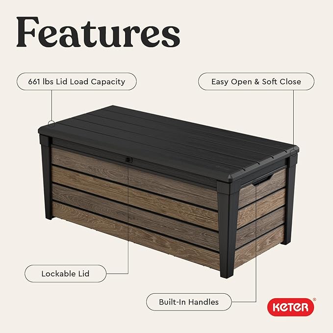 Keter Everwood 120 Gallon Resin Signature Collection Large Outdoor Storage Box for Patio Furniture, Outdoor Cushions, Garden Tools and Pool Gear, Walnut - Image 4