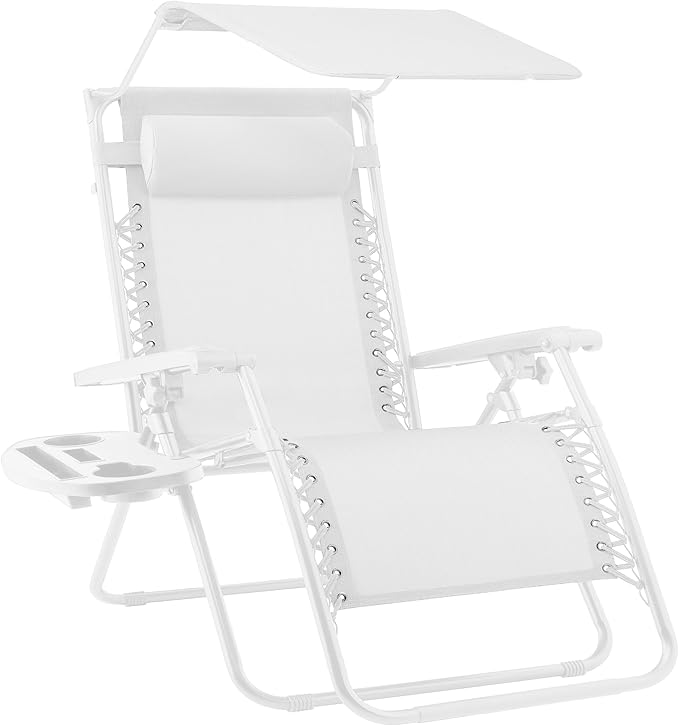 Best Choice Products Folding Zero Gravity Outdoor Recliner Patio Lounge Chair w/Adjustable Canopy Shade, Headrest, Side Accessory Tray, Textilene Mesh - Snow by BestChoiceProducts
