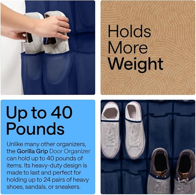 GORILLA GRIP Over the Door Shoe Organizer, 24 Large Breathable Mesh Pockets - Image 3
