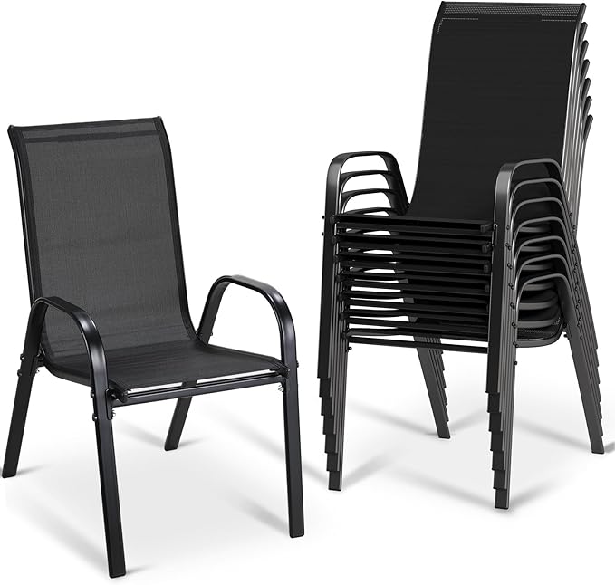 MAMIZO Patio Dining Chairs, Stackable All Weather Teslin Chair, Heavy Duty Outdoor Breathable Chairs Set, w/Armrests, Upgraded Chair FeetW/Strenthened Iron Spacers, 330 LBS (8, Black) by MAMIZO