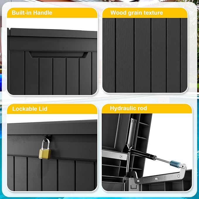 281 Gallon Outdoor Storage Box Waterproof, Large Resin Patio Deck Boxes, Lockable Outdoor Storage Container for Patio Furniture, Garden, and Pool Tools (281 Gallon, Black) - Image 7