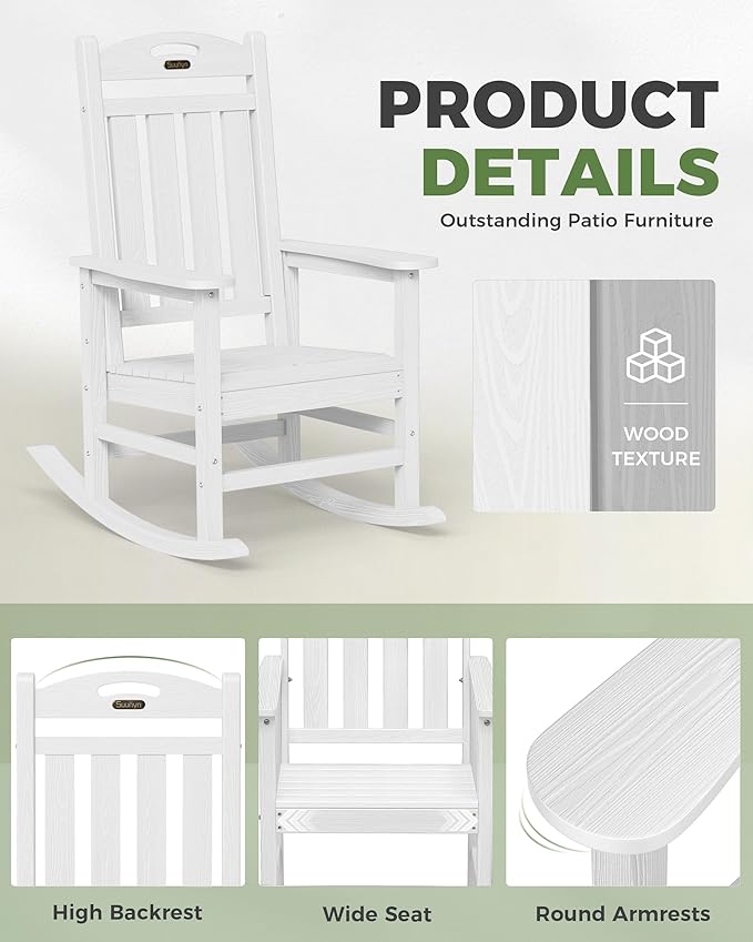 Oversized Rocking Chairs Outdoor Set of 2, High Back Porch Rocker Chair, HDPE All Weather Resistant Rocking Chairs for Patio, 380lbs Weight Capacity, White - Image 6