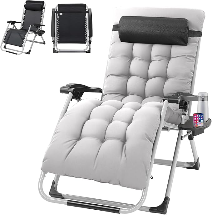 VINGLI 29" Padded Zero Gravity Chair, Lounge Chair with Removable Cushion & Tray， Folding Reclining Patio Chairs， Recliner Chair for Lawn，Indoor Outdoor-Grey by VINGLI