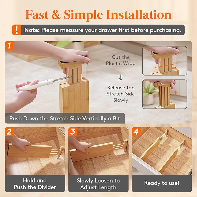 Lifewit 4" High 5 Pack Bamboo Drawer Dividers 31-40cm/12-16 Adjustable Wooden - Image 6