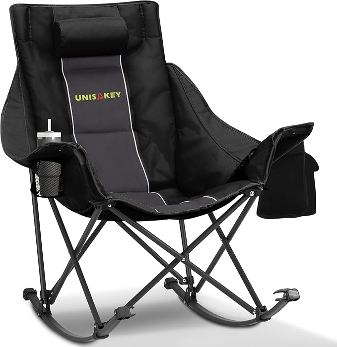 Oversized Rocking Camping Chair with Headrest & Cup Holder - 400lbs Capacity, 600D Oxford Fabric, Easy Fold Portable Outdoor Rocker Chair for Camping, Backyard, Beach, Deep Gray by Unknown