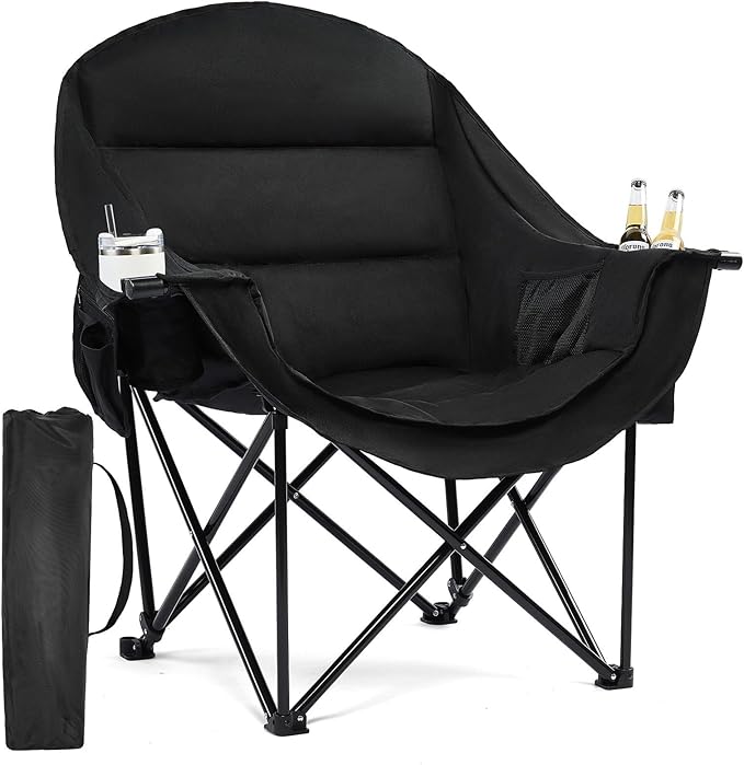 Oversized Camping Chairs for Adults - Heavy Duty Padded Outdoor Folding Lawn XL Camp Chair with Cup Holder Cooler Pockets for Outside Sports Beach Fishing Garden Portable Supports 500lbs, AllBlack by PUVASIA