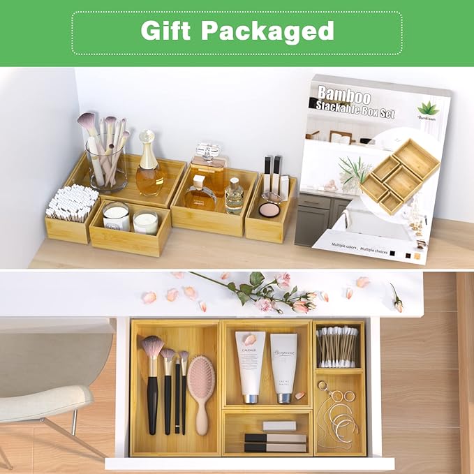 Bamboo Bathroom Drawer Organizer Dividers, Wooden Kitchen Utensil Holder Set of - Image 3