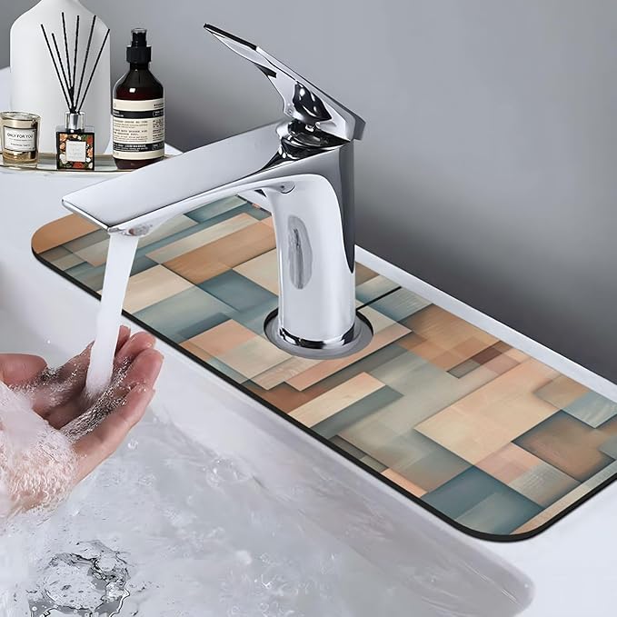 Faucet Draining Mat For Kitchen Sink, Geometric Shapes Brown Beige Diatom Mud - Image 8
