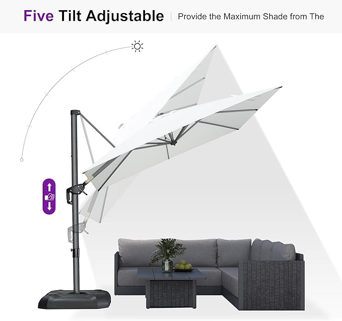 PURPLE LEAF 8 Feet Square Cantilever Umbrella Patio Umbrella with Base Outdoor Umbrella Aluminum Offset with 360-degree Rotation for Garden Deck Pool Patio White - Image 6