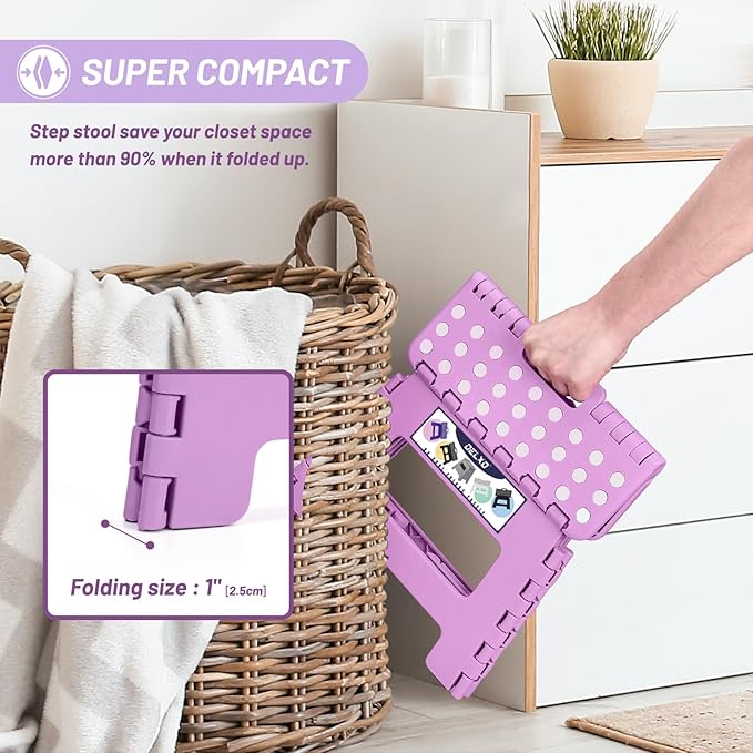 Delxo 9 inch Folding Step Stool, Non-Slip Foldable Small Stools Up to 300 LBS, Kids Step Stool with Handle Lightweight for Kitchen, Bathroom, Bedroom, Garden, Light Purple, 1PC - Image 5