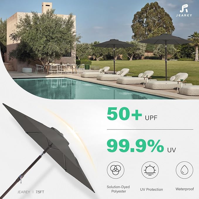 JEAREY 7.5FT Patio Umbrella Market Table Umbrella with 6 Sturdy Ribs, Push Button Tilt/Crank Outdoor Umbrella for Garden, Deck, Backyard, Pool and Beach,Gray - Image 3