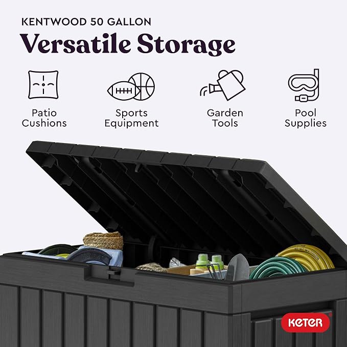 Keter Kentwood 50 Gallon Resin Deck Box for Outdoor Storage – Weather‑Resistant Balcony & Patio Box for Cushions, Throw Pillows & Garden Tools, Dark Grey - Image 4