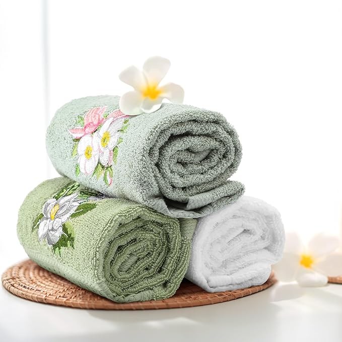 Magnolia Floral Hand Towels Farmhouse Green White Magnolia Bathroom Decor 14x29 - Image 4