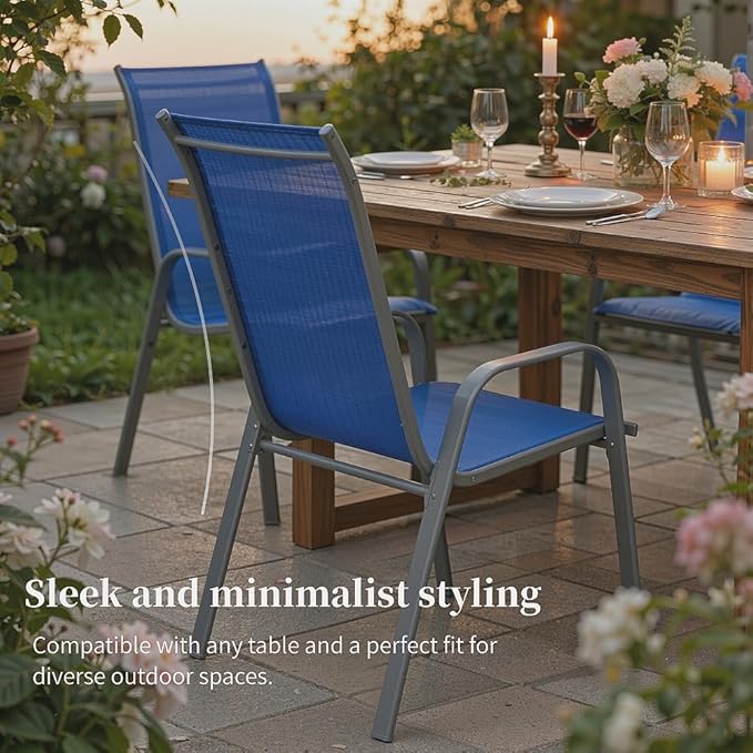 MAMIZO Patio Dining Chairs, Stackable All Weather Teslin Chair, Heavy Duty Outdoor Breathable Chairs Set, w/Armrests, Upgraded Chair FeetW/Strenthened Iron Spacers, 330 LBS (4, Navy Blue) - Image 7
