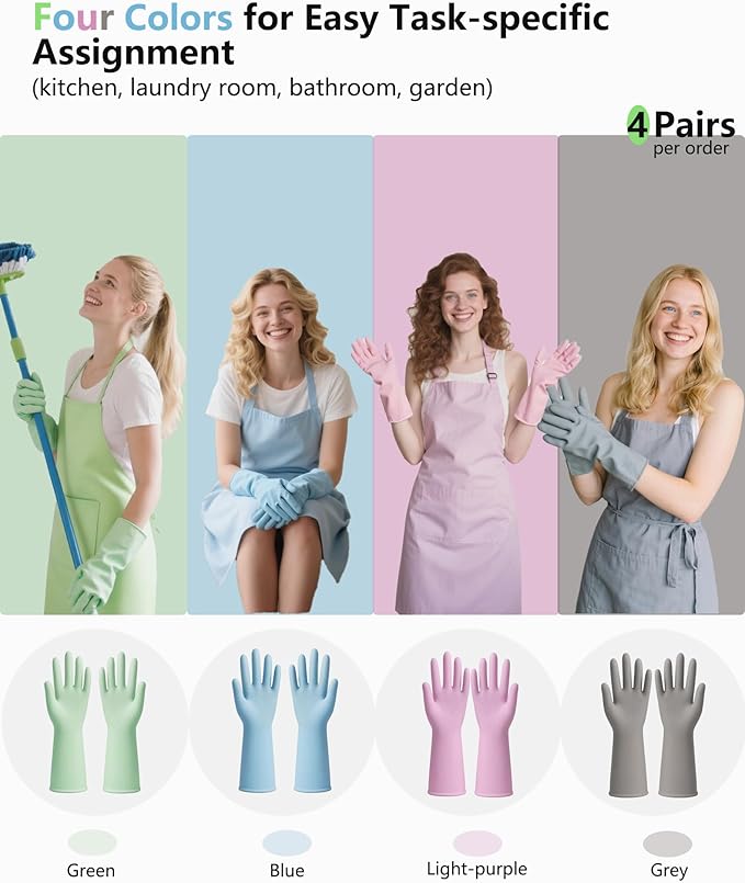 Rubber Cleaning Gloves for Dishwashing, 4 Pairs Reusable Kitchen Gloves for - Image 6