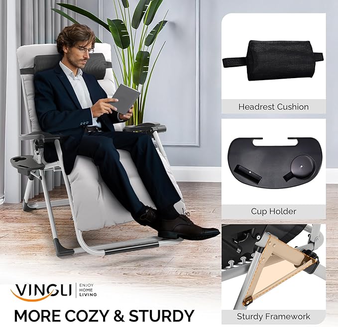 VINGLI 29" Padded Zero Gravity Chair, Lounge Chair with Removable Cushion & Tray， Folding Reclining Patio Chairs， Recliner Chair for Lawn，Indoor Outdoor-Grey - Image 4