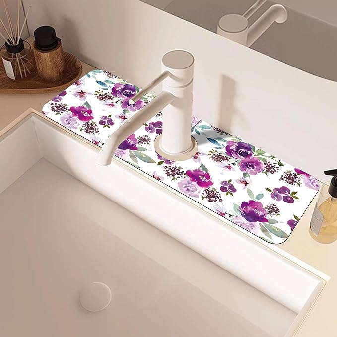 Watercolor Purple Flowers Faucet Absorbing Mat Splash Guard Draining Mat Fast - Image 2