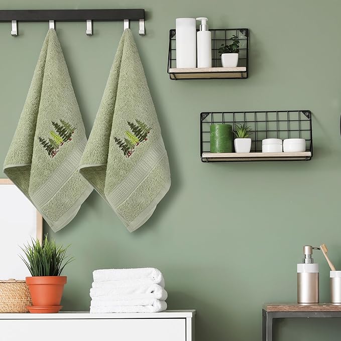 2 Pcs Forest Hand Towels Gray Green Bathroom Decor 14x29 Inch Embroidered 100% - Image 5