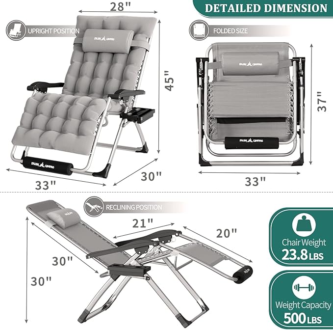 UDPATIO Oversized Zero Gravity Chair 33In XXL Lounge Chair with Removable Cushion |Pillows, Outdoor Folding Reclining with |Cup Holder |Foot Rest |Lock,Reclining Patio Chairs Grey, Support 500LB - Image 3