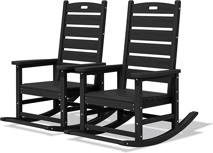 SERWALL Outdoor Rocking Chair Set of 2, Oversized Rocking Chair with Footboard for Adults, HDPE All Weather Resistant Rocking Chairs for Patio, 350lbs Weight Capacity, Black by SERWALL