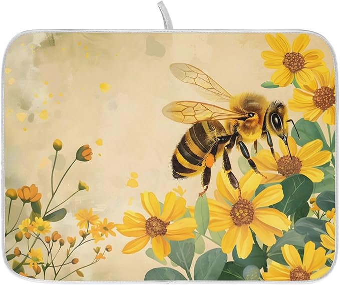 Honey Bee Dish Drying Mat for Kitchen Counter Absorbent Microfiber Small Drying by ALAZA